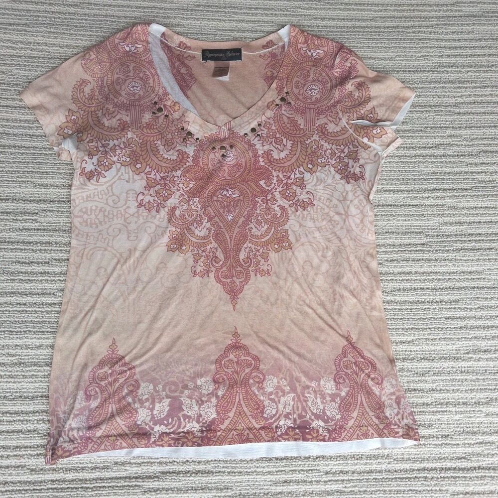 Appropriate Behavior Women Paisley Studded V-Neck Top Shirt Peach Boho XL